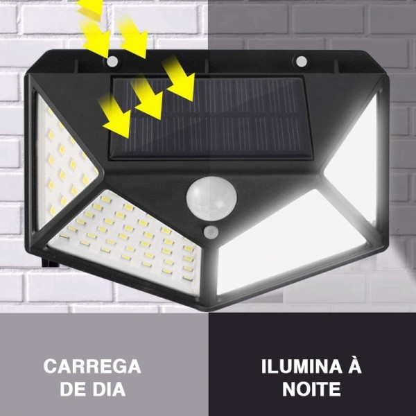 LUZ LED SOLAR DE PAREDE COM SENSOR DE MOVIMENTO - 100 LEDS