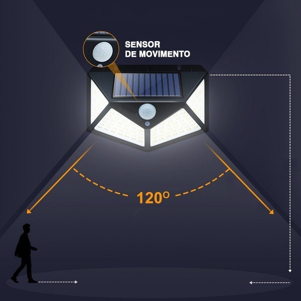LUZ LED SOLAR DE PAREDE COM SENSOR DE MOVIMENTO - 100 LEDS